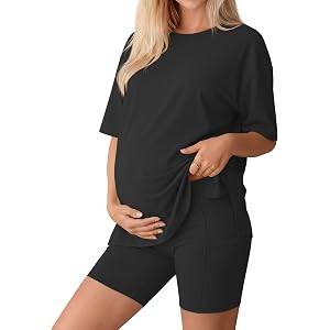 Huukeay Women's Maternity Set 2 Piece Outfits | Short Sleeve Shirts, Biker Shorts, Pockets, Summer, Lounge, Oversized, Pajama