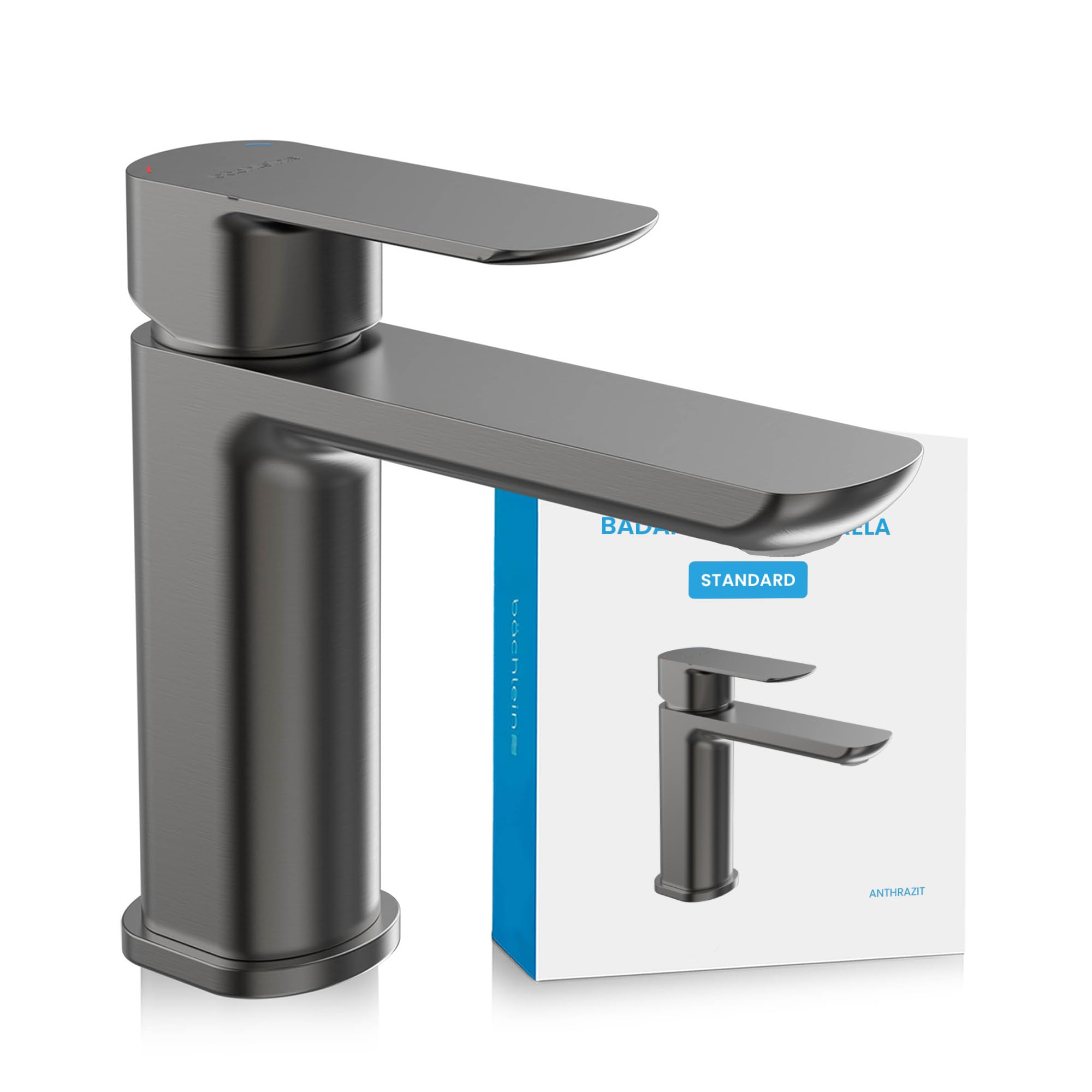 Bächlein Mizarela Classic Design Bathroom Faucet Single Lever Mixer Tap with Durable Ceramic Cartridge and Mounting Kit, Charcoal Bathroom Faucet - Flat Spout