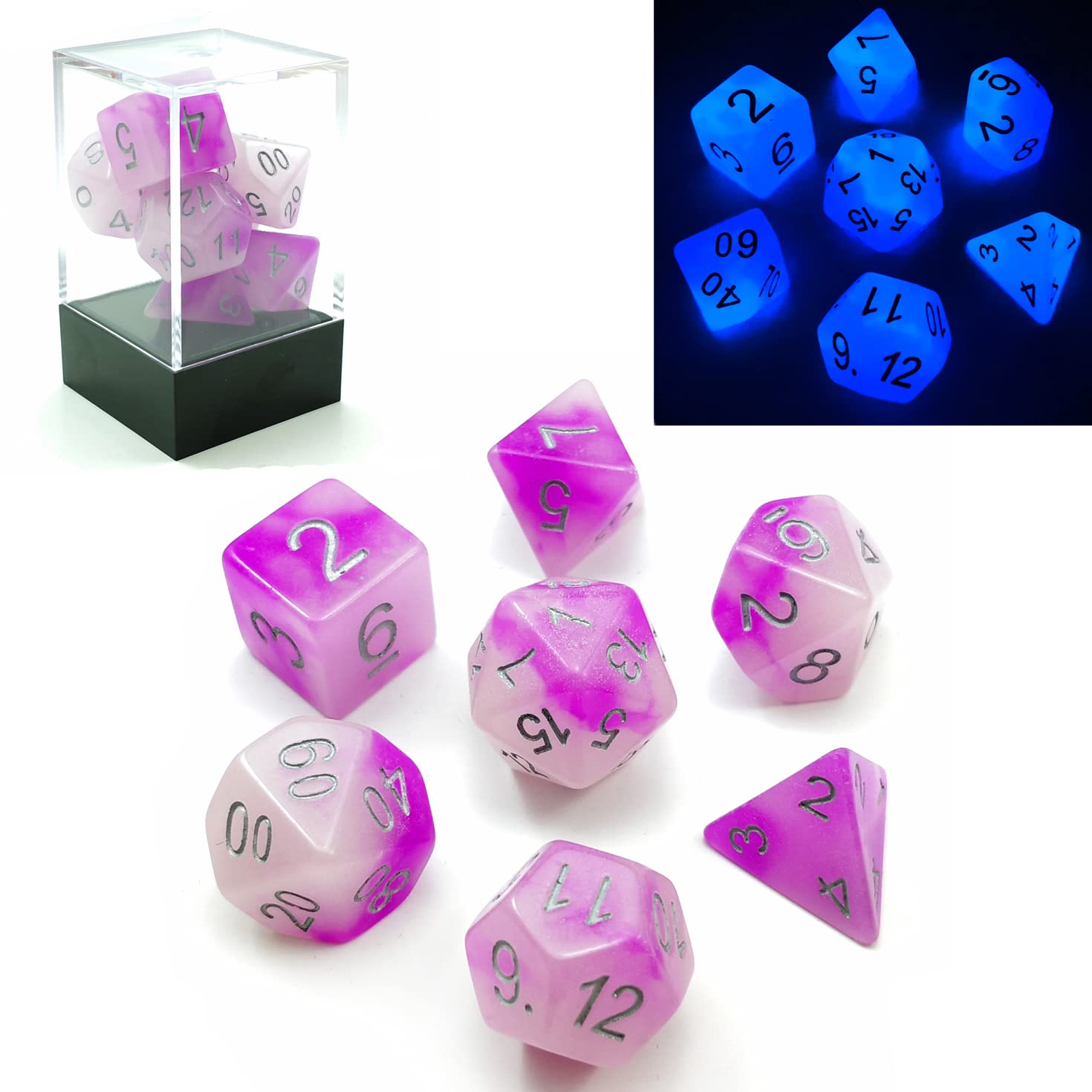 Bescon Two Tone Glowing Polyhedral Dice 7pcs Set FROSTY AMETHYST, Luminous RPG Dice Glow in Dark,DND Role Playing Game Dice
