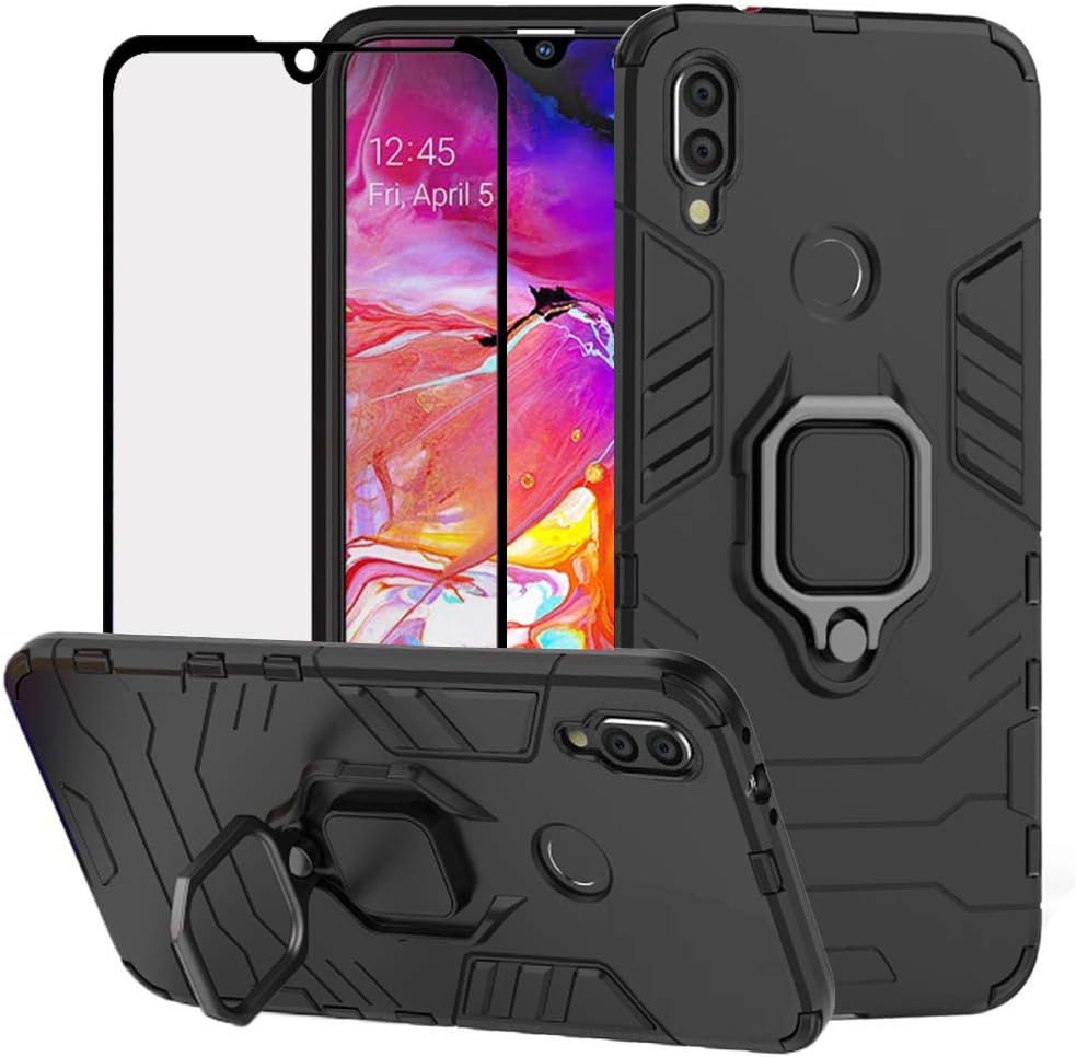 DuoLide for Huawei Y7 2019 / Y7 Prime 2019 Case,2 in 1 Hybrid Heavy Duty Armor Shockproof Defender Kickstand Dual Layer Bumper Hard Back Case Cover Tempered Glass Screen Protector，Black