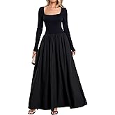 JKMNAO Women Long Sleeve Fall Maxi Dress Casual Square Neck Wedding Guest Long Formal Dress with Pockets
