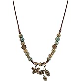 MINACHI Ceramic Beads Long Necklace, Turquoise-Toned Beads with Floral Charms, Butterfly and Leaves Pendant, Bohemian Vintage Chunky Costume Jewelry for Women