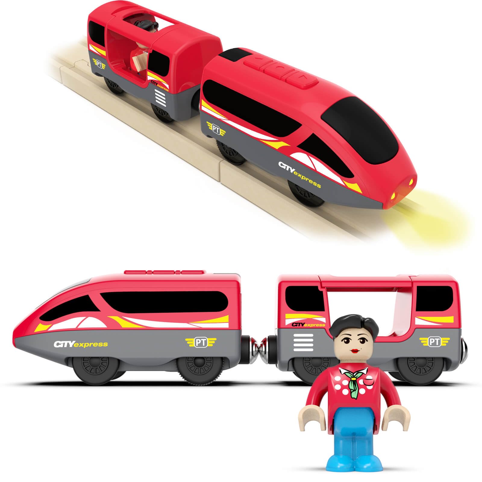 DxxD Battery Operated Wooden Track Set with Motorized Train and Light - Compatible with Thomas, Brio for Toddlers 3 4 5+ Years Old (Red)