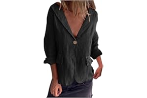 AGWOLF Womens Linen Cotton Blazer Office 3/4 Sleeve Cardigan Business Button Suit Jacket Casual Lightweight Work Suits Coat