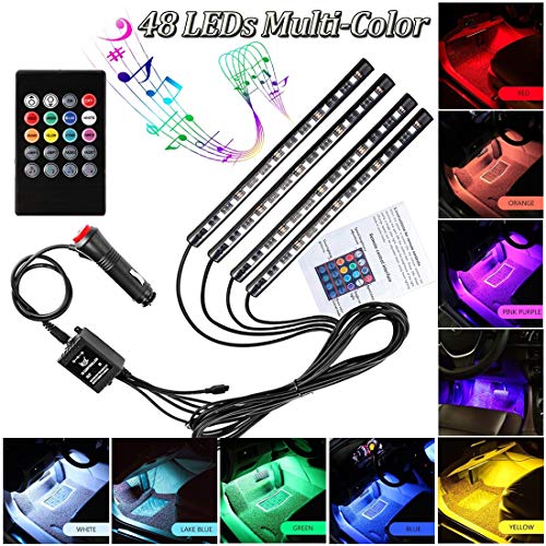 Car LED Strip Lights for cars,48 LED Car Interior Lights 12V RGB Music Interior Car Atmosphere Neon Lights Under Dash Lighting Kit with Sound Active Wireless Remote Control(12V-48 LEDs)