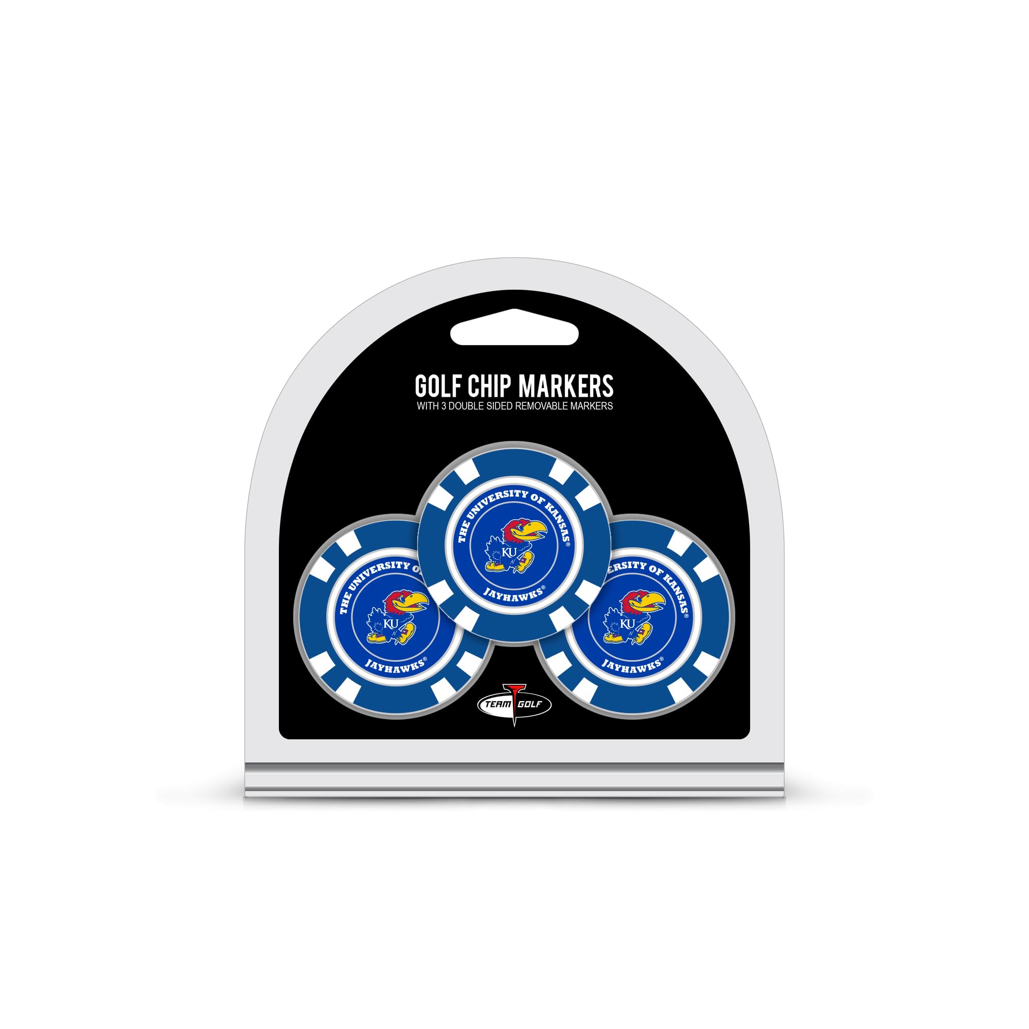 Team Golf NCAA Kansas Jayhawks 3 Pack Golf Chip Ball Markers, Poker Chip Size with Pop Out Smaller Double-Sided Enamel Markers