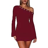 Women's One Shoulder Metal Ring Dresses Sexy Flared Long Sleeve Slim Fit Bodycon Going Out Club Party Y2K Mini Dress