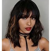 WAVE&BREEZE Black Mixed Brown Highlights Wigs for Black Women Short Wavy Curly Bob Wig With Bangs Natural Looking Synthetic Hair Wigs Heat Resistant Fiber Wig for Daily Party
