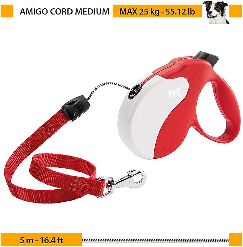 Guinzaglio per Cani Allungabile AMIGO MEDIUM, Guinzaglio per Cani Taglia Media fino a 25 Kg. Cordino max 5 m. Unico Pulsante per Blocco e Rilascio, Rosso, Cover Bianca