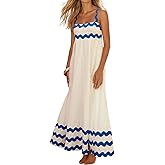 LunaJany Women's Casual Summer Shirred Back Vacation RIC Rac Flowy Maxi Dress