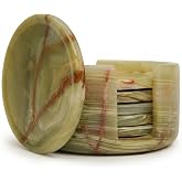 OceanicX Marble Coasters with Holder, Set of 6 Green Onyx Stone Coasters for Drinks, 3.5 Inch Round, Natural Polished Marble Coffee Table Decor