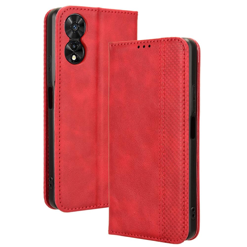 COMAKU Compatible with TCL 505 Case Leather - Flip Cover Protection magnetic Phone Case wallet with Card Holder - Red โ image 1