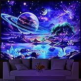 Blacklight Galaxy Space Tapestry UV Reactive Planet Wall Hanging Magical Trees Tapestries Cosmic Mountain Landscape Wall Decor Aesthetic Starry Night Backdrop for Bedroom