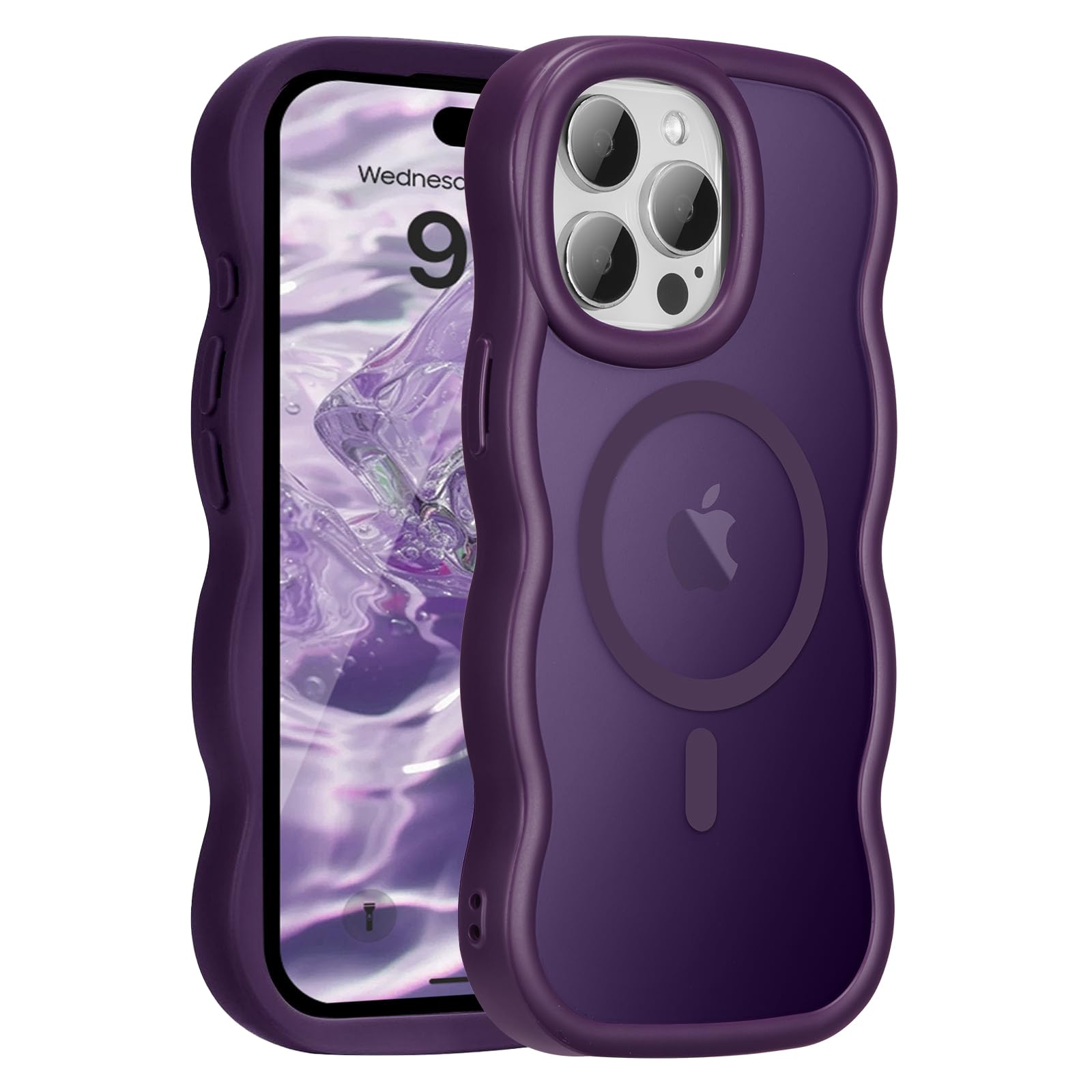 Photo 1 of UEEBAI Magnetic for iPhone 14 Pro Case, Cute Cover Compatible with MagSafe, 2025 Clear Wave Design Wavy Frame Matte Phone Case- Purple