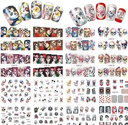 Holrea 24Pcs Halloween Nail Art Cartoon Skull Charming Nail Stickers Self-adhesive Nail Tip Art Water Transfers Decal Sticker Manicure DIY Decal