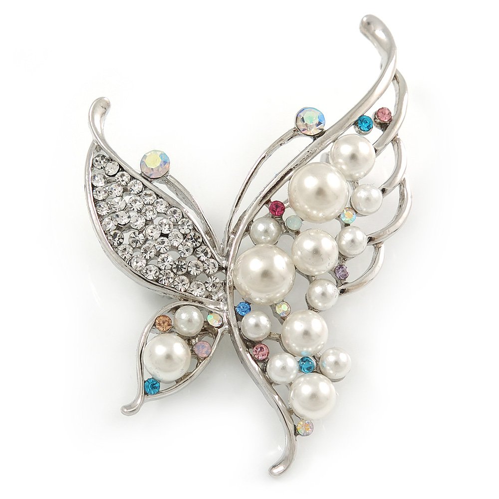 Silver Tone Crystal Faux Pearl Asymmetrical Wings Butterfly Brooch - 60mm