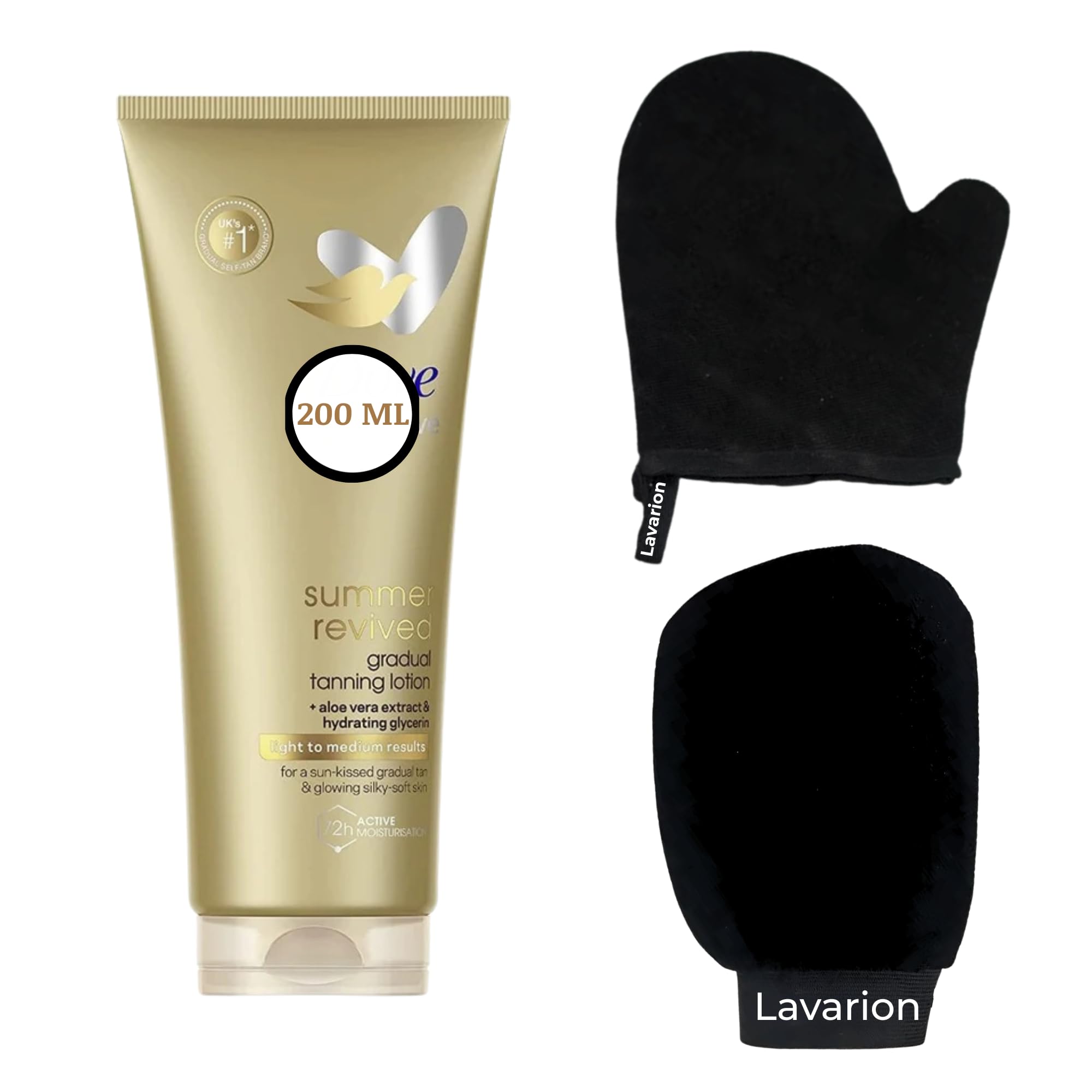 Dove Gradual Tanning Lotion Light to Medium 200ml Bundled With Lavarion Exfoliating Glove & Self Tanning Mitt – Streak-Free Self Tan Set for Smooth, Natural Glow