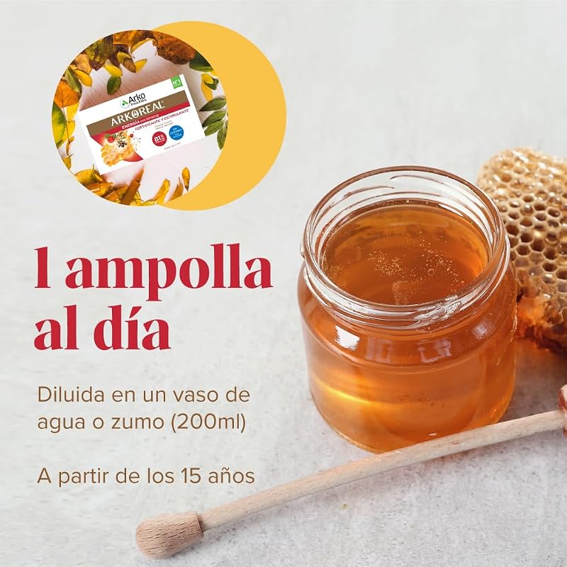 Arkopharma arkoreal royal jelly energy com ginseng sem açúcares 20 ampolas, plus energia, fortificante, estimulante, suplemento alimentar