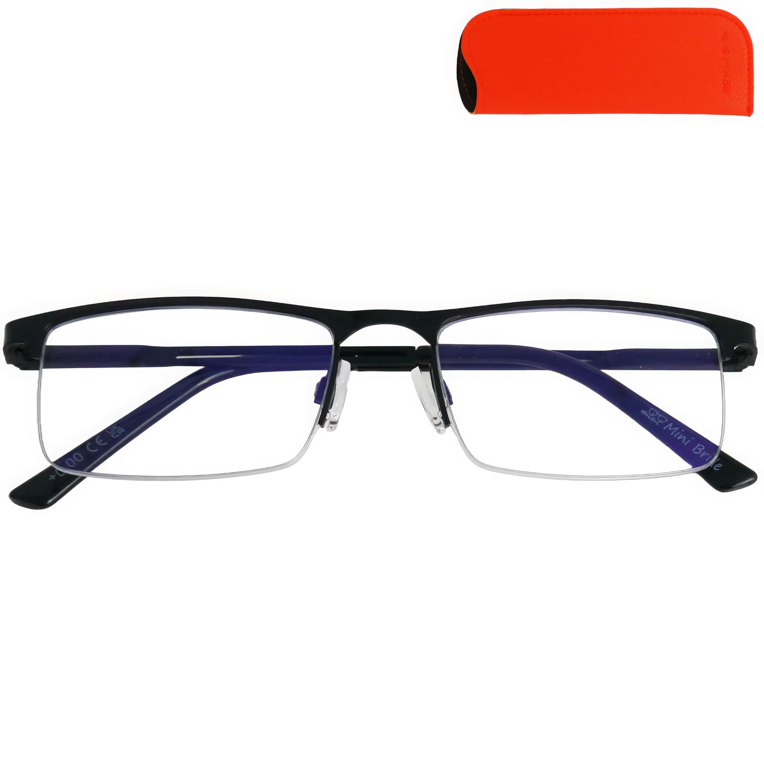 Mini Brille - Classic Metal Blue Light Blocking Reading Glasses, Half Frame (Black) and Rectangle Lenses, Case and Cloth included, Women and Men Anti Blue Light Filter +1.50 Magnification