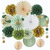 Olive Sage Green Party Decorations Olive Green Gold Tissue Paper Pom Poms Paper Fans Circle Dots Hanging String Garland for Sage Green Baby Shower Bridal Shower Wedding Birthday Party Decor