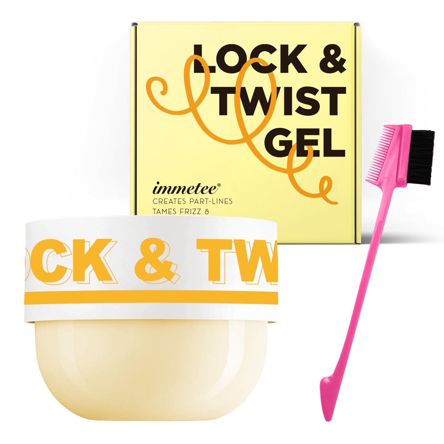 immetee Braiding Gel, Twist and Lock All Day Hold, Edge Control Gel for Afro Hair, Frizz Control Hair Gel with Brush. 200g (Yellow)