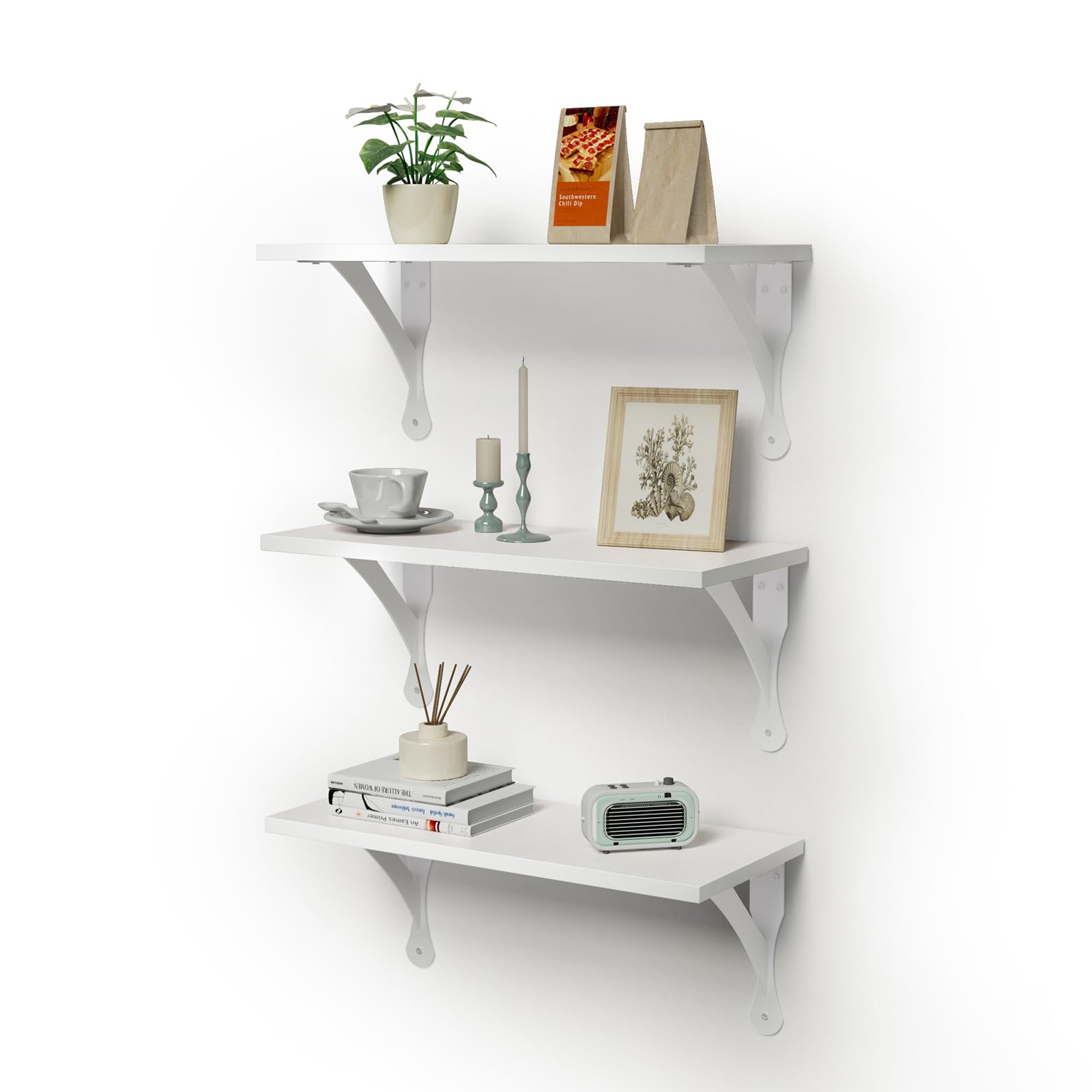 Photo 1 of Leadpro Wood Floating Shelves Set of 3, Wide Display Shelf Wall Mounted with Brackets, Easy Hanging Floating Shelves for Bedroom, Kitchen, Living Room, Bathroom (White)