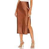 Womens High Waisted Satin Midi Skirts Elegant Flared A Line Elastic Waistband Silk Slit Skirt for Women