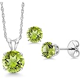 Gem Stone King 14K White Gold Green Peridot Pendant Earrings Jewelry Set For Women | 1.60 Cttw | Gemstone August Birthstone | Round 6MM | with 18 Inch Chain