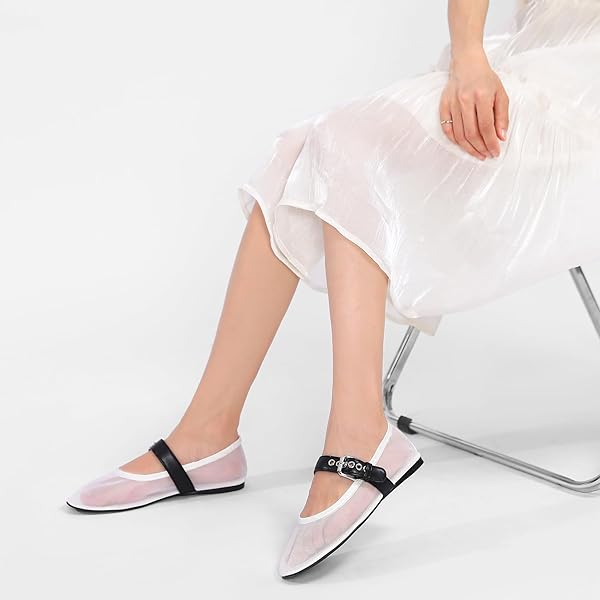 VOLEECE MESH BALLET FLATS FOR WOMEN BUCKLE STRAP ROUND TOE MARY JANE FLATS SLIP ON COMFORTABLE CASUAL DRESS BALLERINA SHOES(WHITE,8)