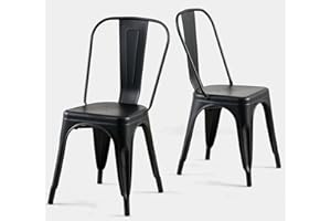 SOLEGGIATA Metal Dining Chairs Set of 2 Iron Stackable Outdoor/Vintage/Kitchen Restaurant Matte Midnight Black