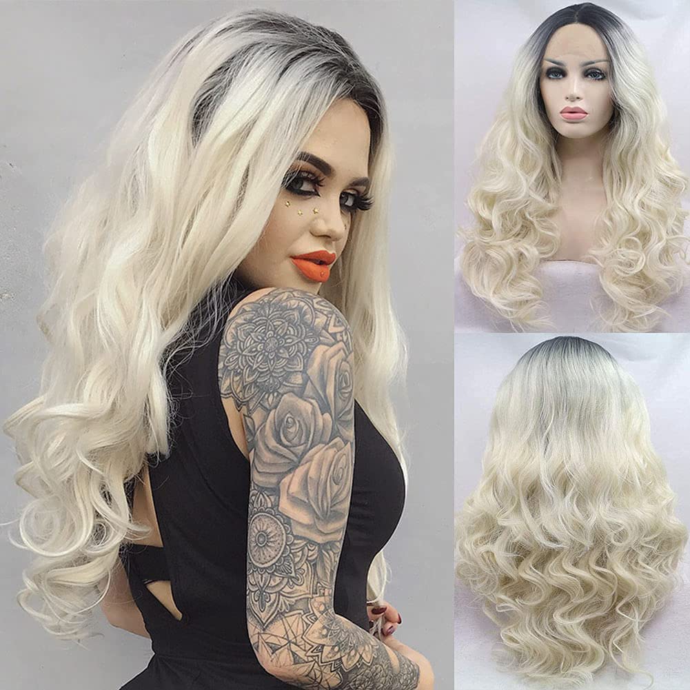AFBeauty Platinum Blonde Wig for Women Long Wave Blonde with Dark Roots Middle part Wig Half Hand Tied Heat Resistant Synthetic Lace Front Wigs 24’’ — image 1
