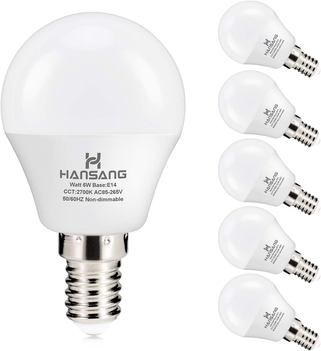 Hansang 6 watt(60w Incandescent Bulb Equilavent) G45 LED Bulbs E14 Screw Base Round Light Bulb 600 Lumen,High CRI,Warm White 2700K,600Lumen,Golf Ball Bulb Non dimmable for Ceiling Fan Pack of 6