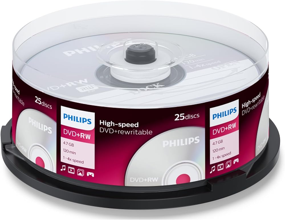 Philips DVD+RW Blank Discs 25 Spindle 4.7GB 120Min 1-4x Record Speed