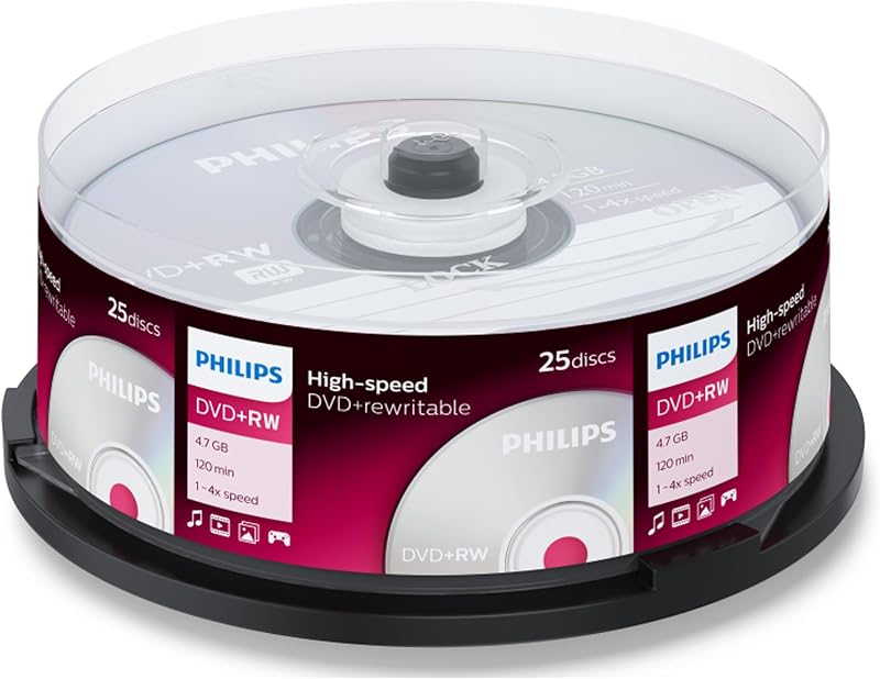 Philips DVD+RW Blank Discs 25 Spindle 4.7GB 120Min 1-4x Record Speed