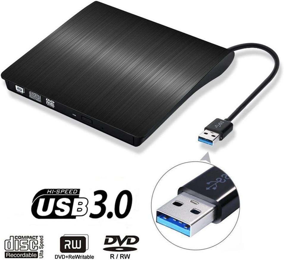 External CD DVD Drive, Portable DVD Rewriter Burner, USB 3.0 DVD Drive CD +/-RW DVD +/-RW Burner Super Drive for Apple Mac Macbook Pro Windows 10 Laptop PC (Black)