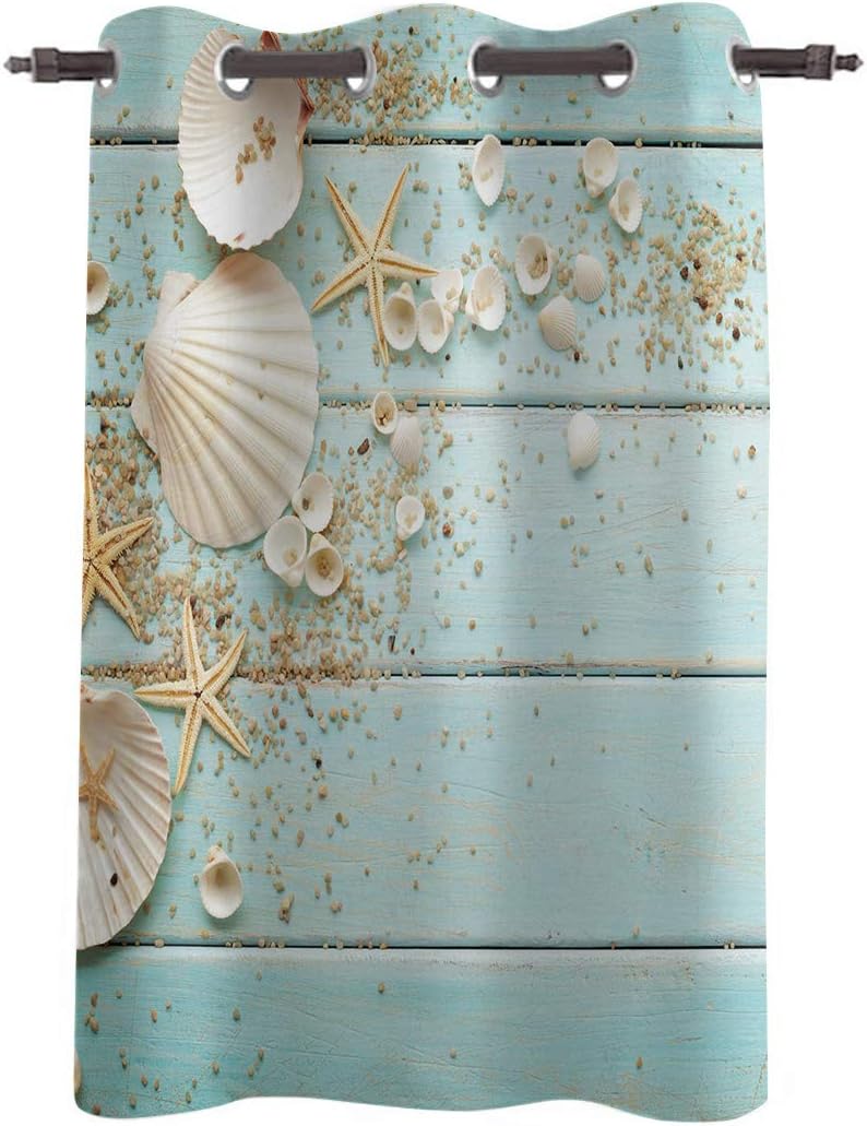 WARM TOUR Window Curtain Panel Coastal Seashell Starfish Printing Decor Durable Drapes for Bedroom Kitchen Living Room Blue Wood Board