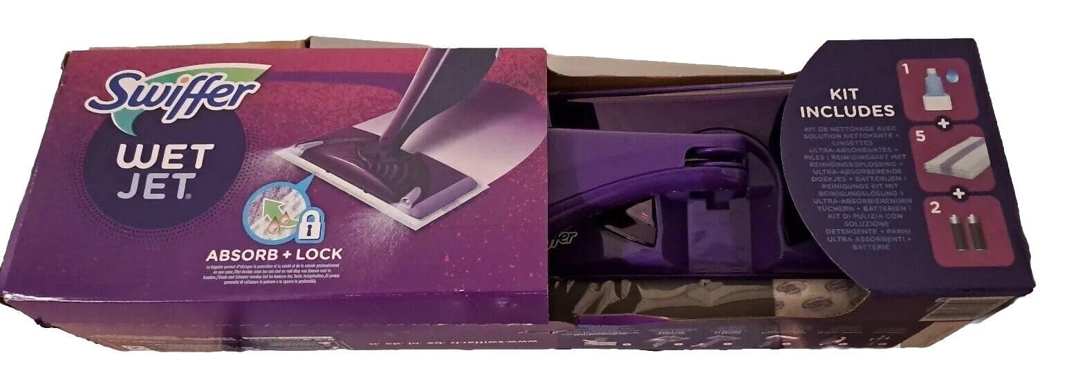 Swiffer WetJet Starter-Set für alle Bodenarten, mit Wischer, Reinigungslösung und Reinigungstüchern, entfernt hartnäckigen Schmutz und Rückstände