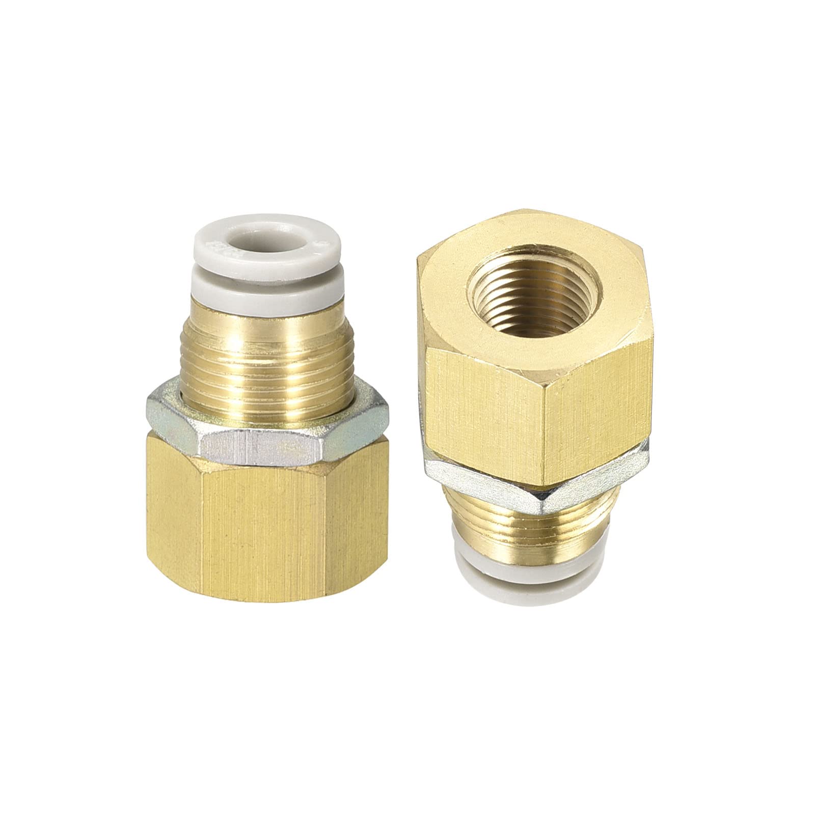 M METERXITY 2 Pack 1/8 PT Female Pipe Fitting - Straight Union, Bulkhead Push to Connect Fittings, Apply to Pneumatic System (6mm ID, Gold)