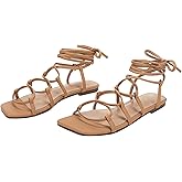 PiePieBuy Womens Lace up Square Toes Flat Sandals with Ankle Strap Summer Criss-Cross Gladiator Shoes
