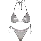 Ella Lust Metallic Bikini for Women - Silver Bathing Suit High Waisted Tie Side Thong Bottom Triangle Top Shiny Swimsuit