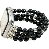 Black Agate Bracelet Compatible for Apple Watch Band 40mm/38mm/41mm Series 9 8 7 SE Series 6/5/4 Women Fashion Natural Gemstone Handmade Stretchy Watch Strap (38mm/40mm/41mm)