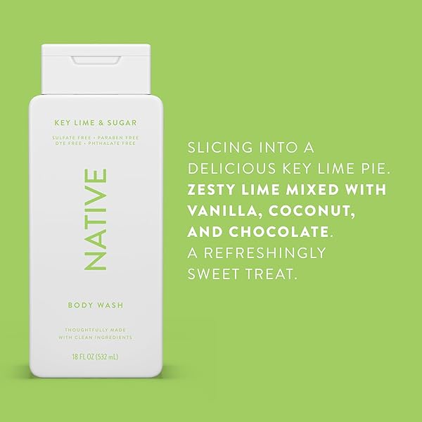 NATIVE BODY WASH CONTAINS NATURALLY DERIVED INGREDIENTS | FOR WOMEN & MEN, SULFATE, PARABEN, & DYE FREE LEAVING SKIN SOFT AND HYDRATING | KEY LIME & SUGAR 18 OZ – 2 PK