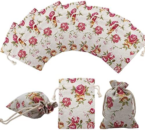 Peaver 30 pcs Rose Pattern Burlap Flower Double Drawstring Linen Gift Bags 3.7 x 5.2, Reuseable Jute Drawstring Bags for Jewelry Pouch,Wedding Parties,Birthday Parties,Gift/Candy Cream Jars Bags