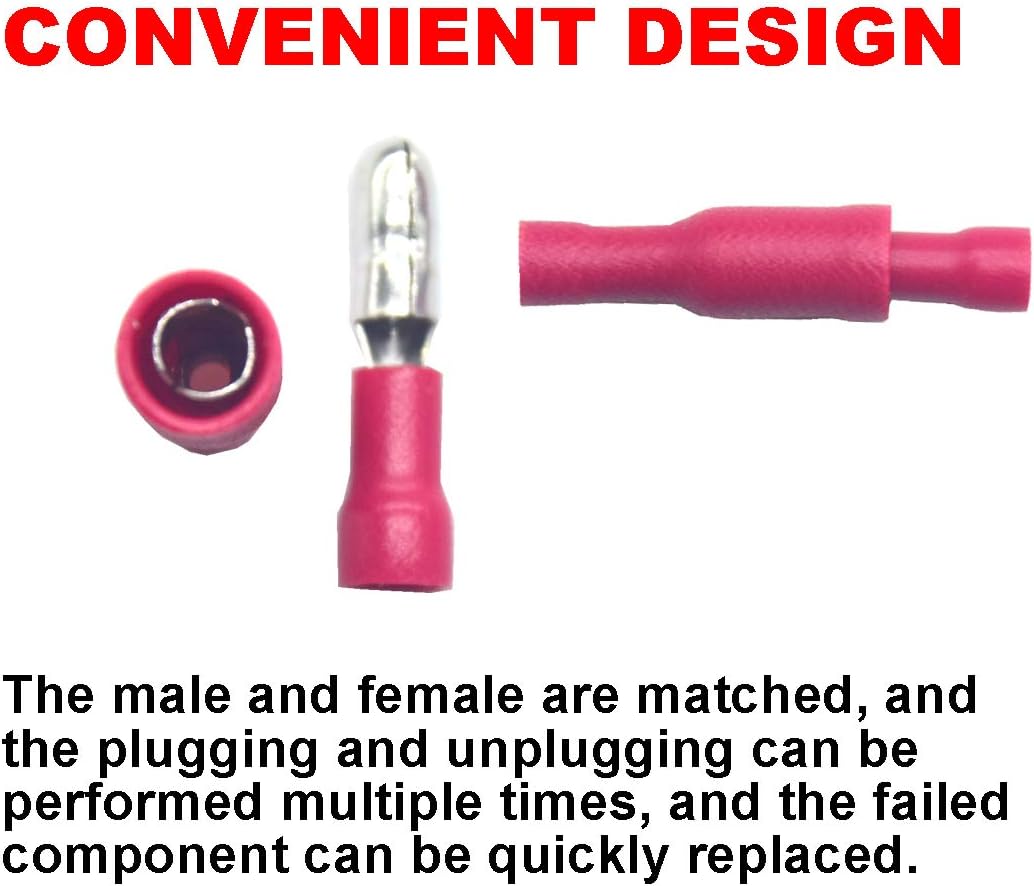 Yosawo 100-pieces Insulated Male/Female Bullet Quick Splice Wire Connector Electrical Crimp Terminal 22-16AWG Red (ZDH) - Image 4