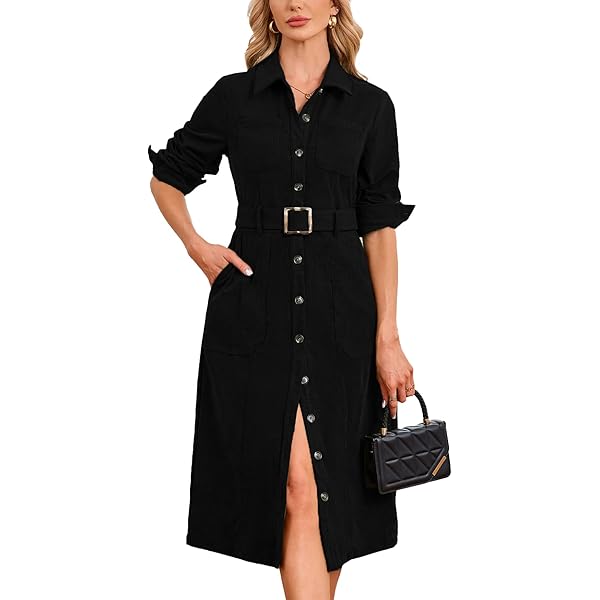 Women Corduroy Dresses Long Sleeve Midi Dress Spring Autumn Black Office Lady Dress at Amazon Women's Clothing store Women Corduroy Dresses Long Sleeve Midi Dress Spring Autumn Black Office Lady Dress at Amazon Women's Clothing store