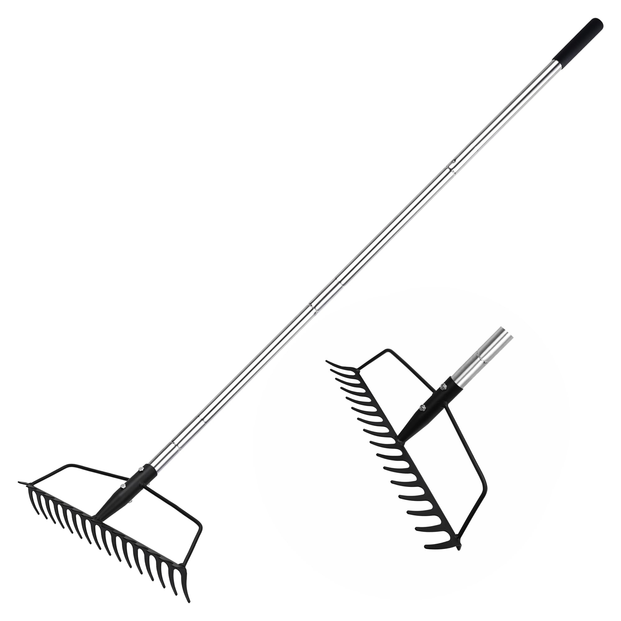 BARAYSTUS Garden Rake for Lawns Heavy Duty Stainless Steel Adjustable Bow Rake for Levelling Sand Soil and Collecting Leaves Garden Rake Carbon Steel Sturdy