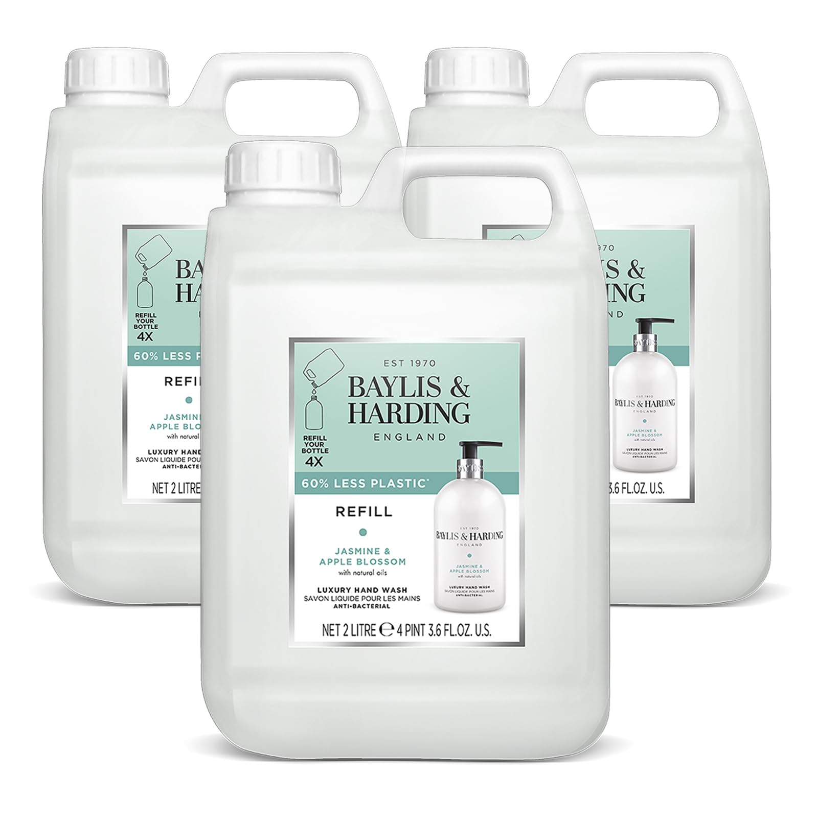 Baylis & Harding Jasmine & Apple Blossom Anti-Bacterial Hand Wash 2 litre Refill (Pack of 3 - Total 6 litres) - Vegan Friendly
