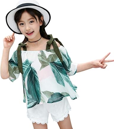 Amazon Morer 子供服 女の子 キッズ服 無地 可愛い 2点 上下セット 韓国風 洋服 葉図案 肩出し 肩ストラップ オフショルダー トップス Tシャツ ショートパンツ ガールズ カジュアル 着回し 夏服 普段着 通園 通学 夏 おしゃれ 110 160 Tシャツ カットソー 通販