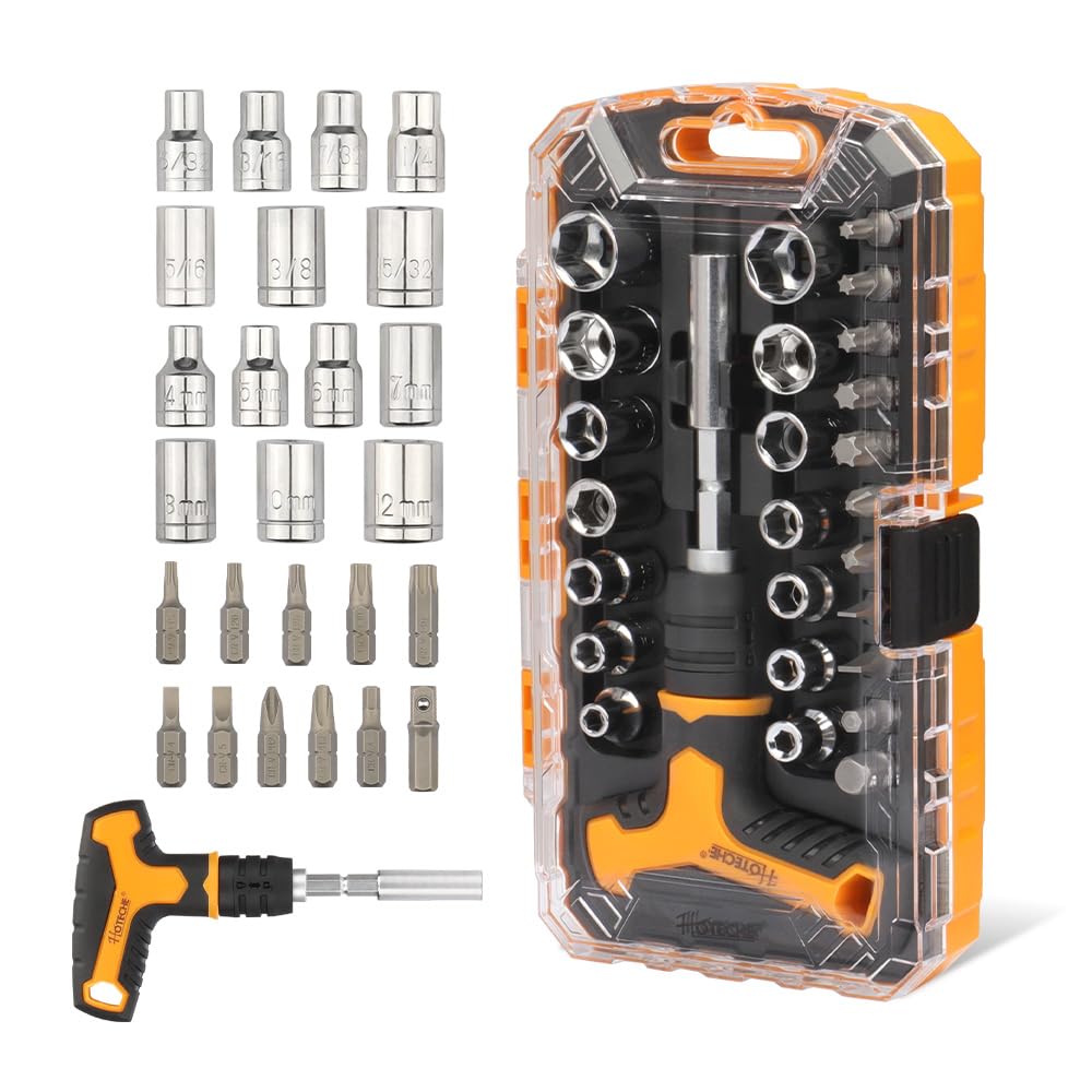 Hoteche 26 Piece T-Handle Screwdriver and Socket Set | T-Handle Quick Change Handle, CR-V Material, Chrome Plating, Magnetic Heads, Screwdriver Set - Screwdriver Set