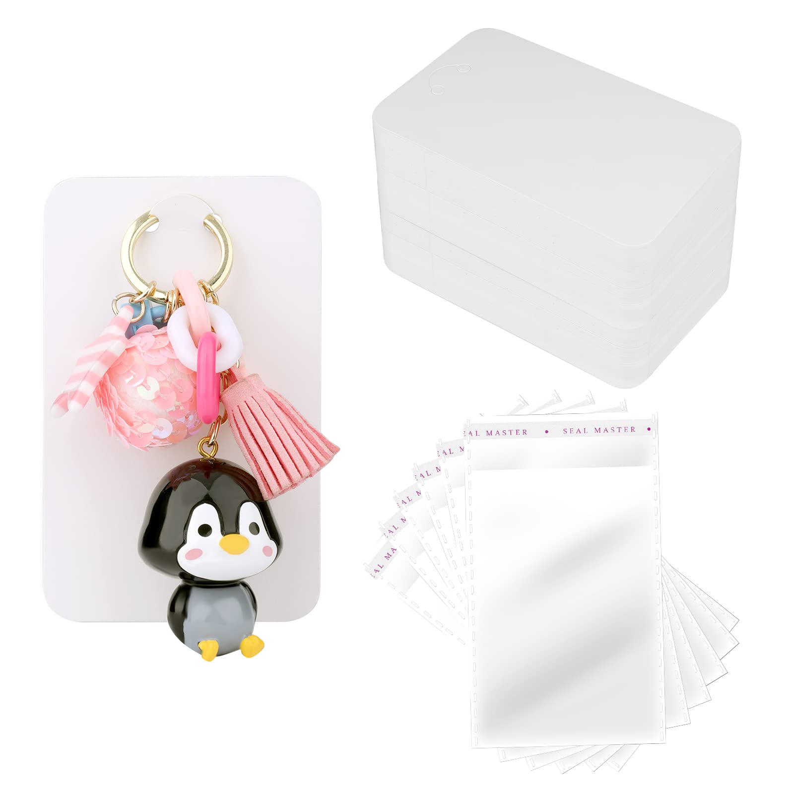 AIEX 100pcs Keychain Display Cards with 100pcs Self-Sealing Bags, White Keyring keychain Display Cards Holder for Packaging Selling (7.5x12cm / 3 x 4.7inch)